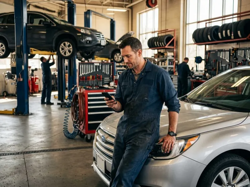 Mechanic in garage checking phone for service calls