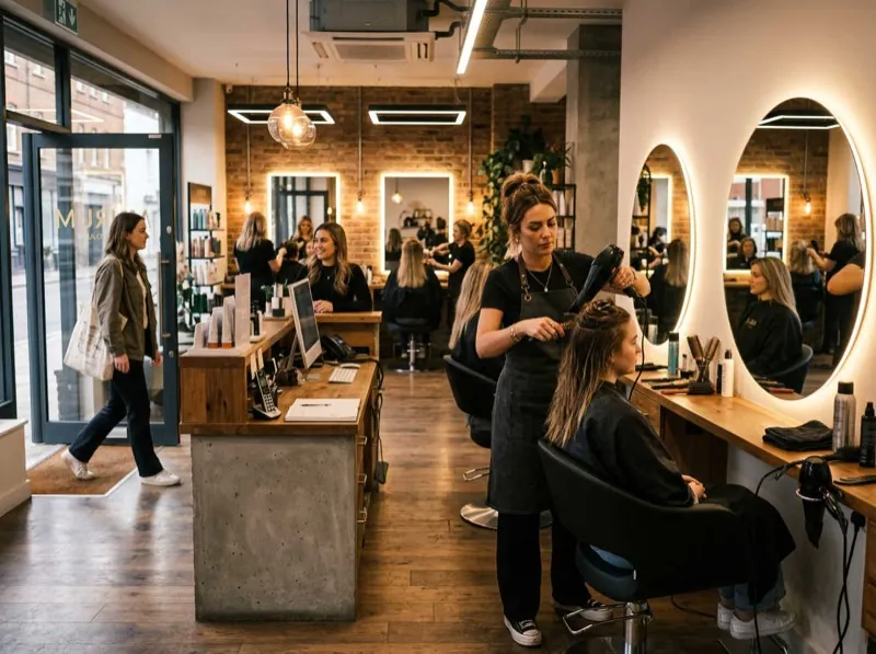 Busy salon with stylists and clients