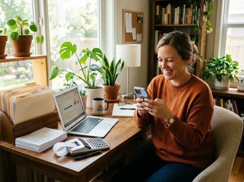 Bookkeeper at home office checking phone