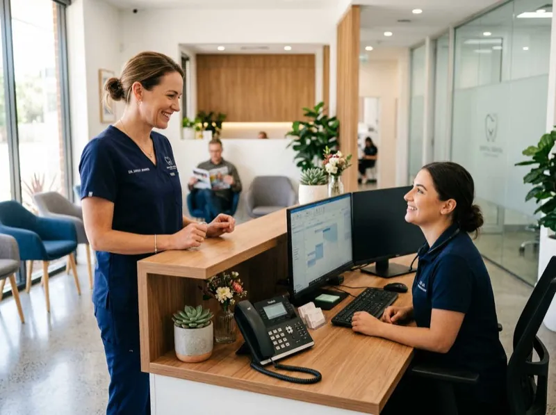 Dental office front desk with receptionist