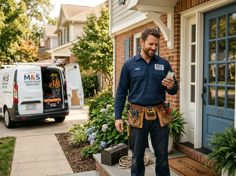 Handyman at job site checking phone for service requests
