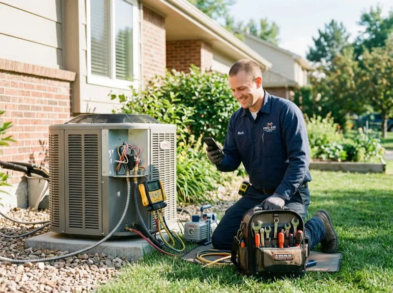 HVAC technician checking phone for service calls