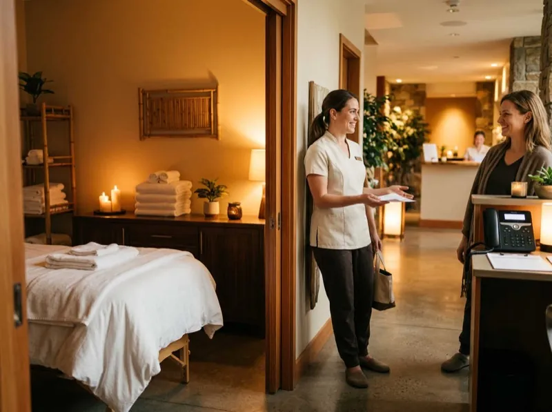 Massage therapist at spa reception