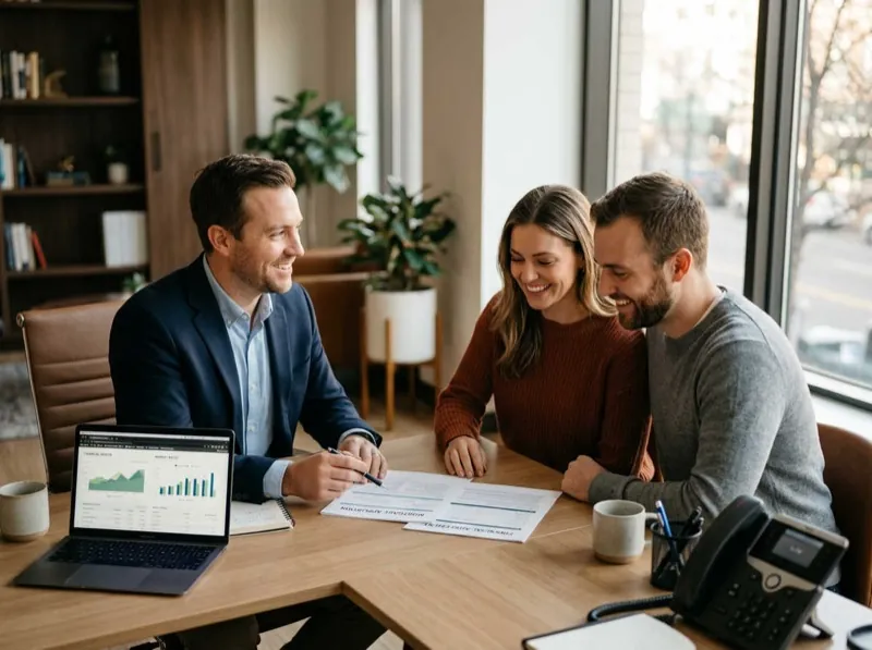 Mortgage broker reviewing documents with couple