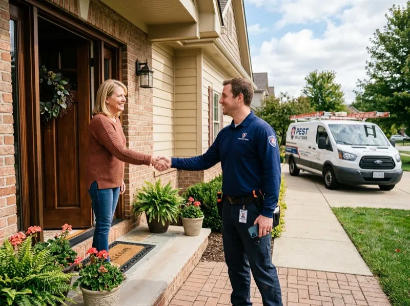 Pest control technician checking phone at job site
