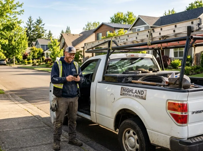 Roofer on job site checking phone for new leads