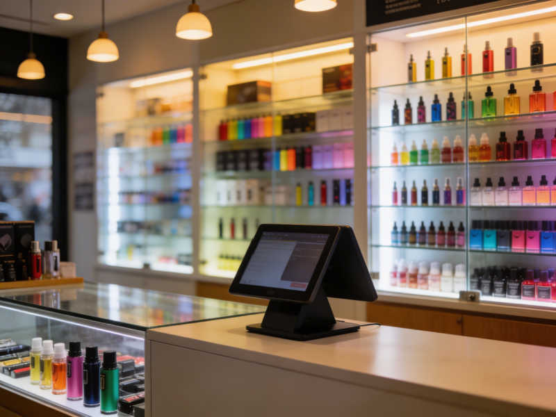 Vape shop counter with products on display