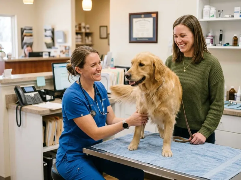 Veterinarian examining golden retriever with owner