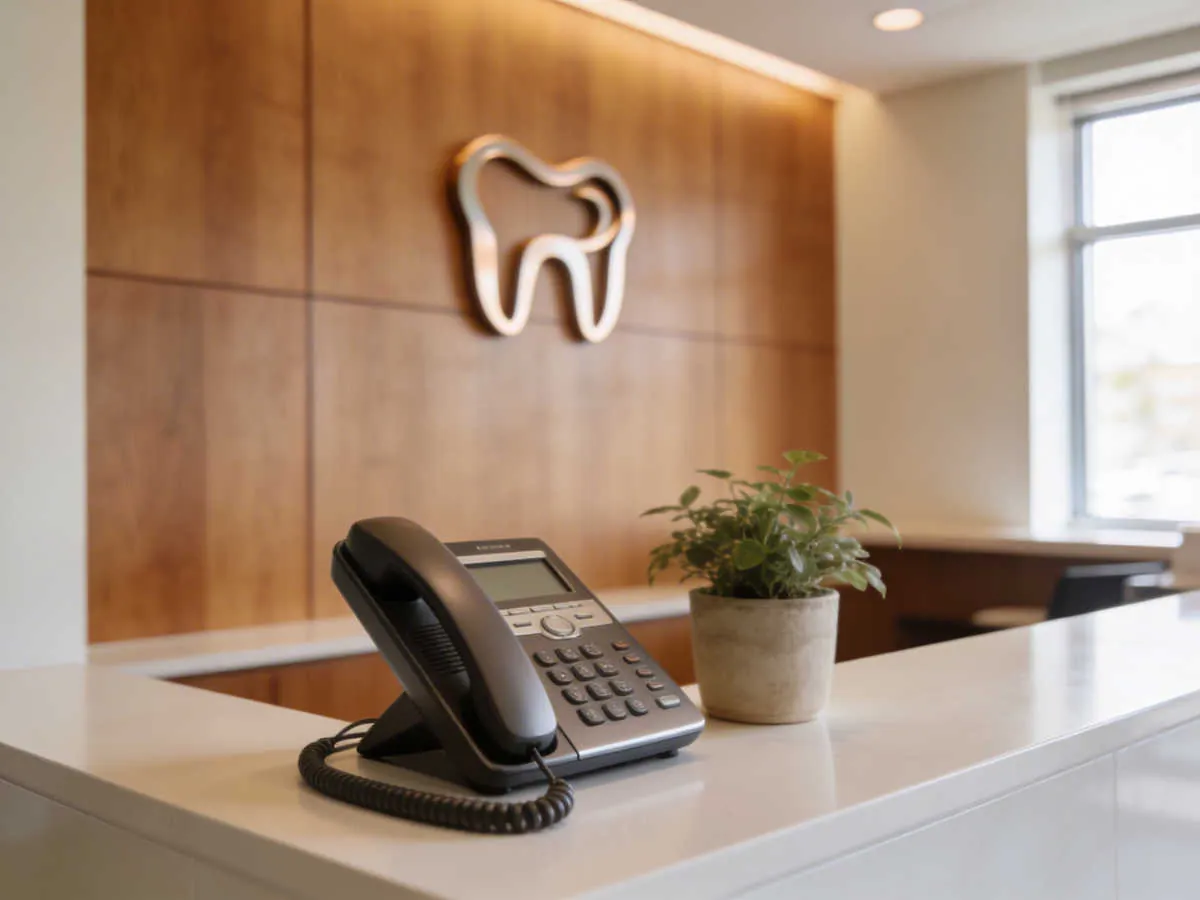 Dental office reception desk with phone and plant