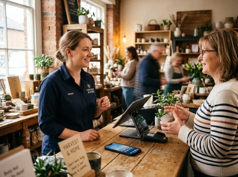Small business owner helping customer at counter with phone on desk
